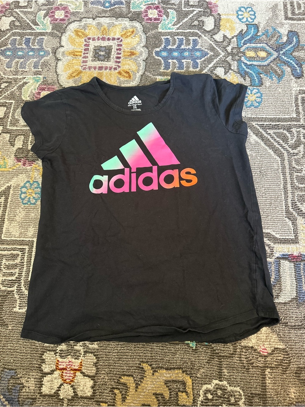 Adidas Girls Rainbow Foil Logo Tee Black Short Sleeve Size Large L (14)